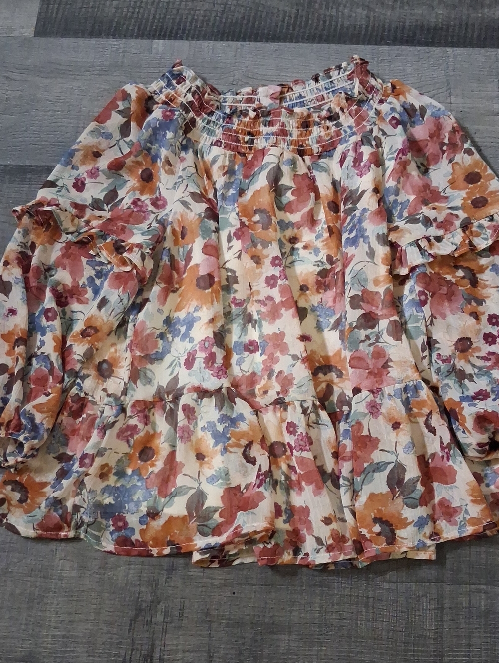 Bonnie Jean Floral Ruffle Off‑Shoulder Blouse - Rust, Blue, Cream